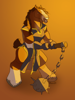 an anthropomorphic Clydesdale holds a large spiked flail