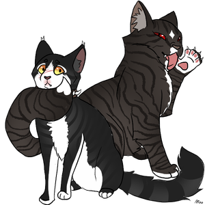 a smug tabby cat curls their tail under the chin of a nervous black-and-white cat